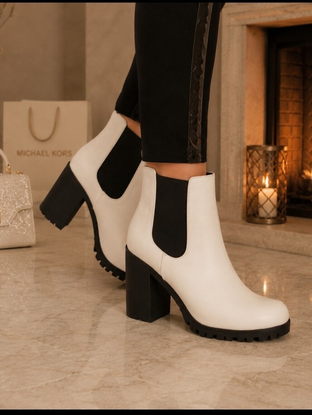 Women's White Chunky Heel Chelsea Boots